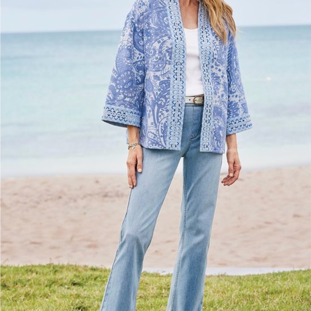 Soft Surroundings jacket Blue White Bead Embellished 3/4 Sleeve size small